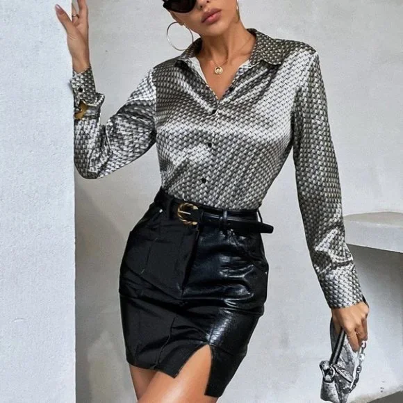 Multicolor Preppy Womens Satin button down Shirt - Picture 2 of 5